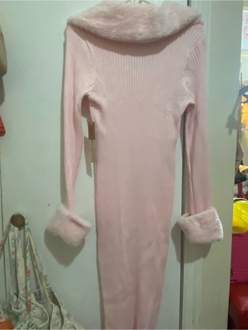 Almost Famous Pink Ribbed Knit Top with Faux Fur Trim - Picture 3 of 5